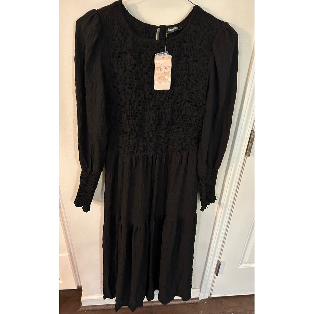 Fashion Womens Black Smocked Tiered Midi Dress Long Sleeve Textured Large NEW - Picture 15 of 15